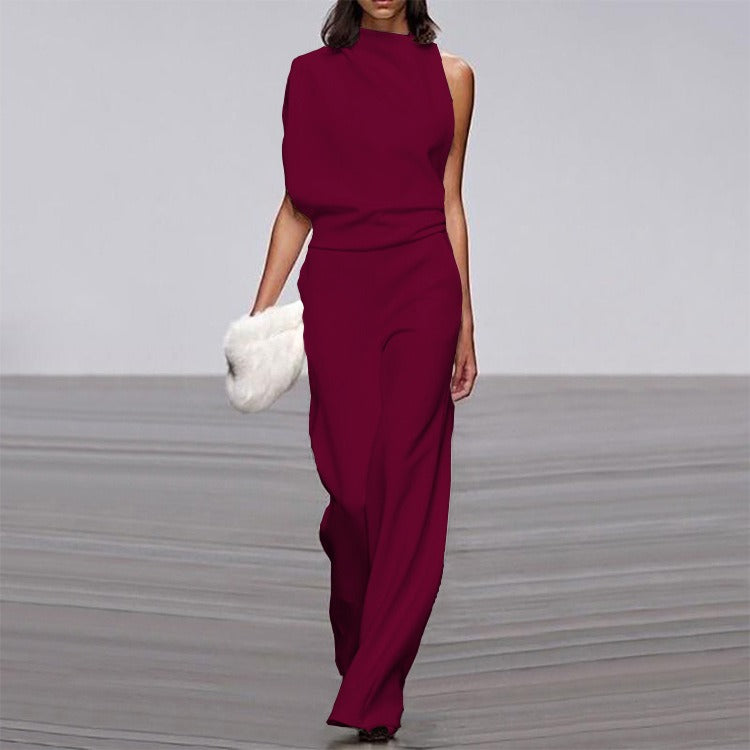 Solid color single shoulder pile up collar jumpsuit for women, hot selling hot selling dress pants