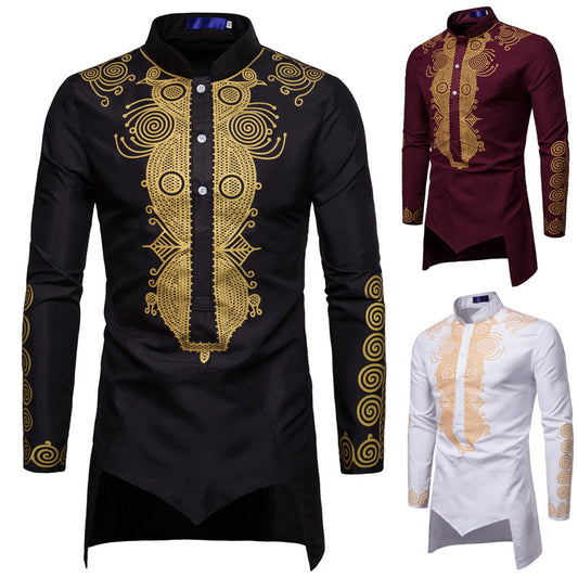 Long sleeved regular black youth all season universal stand up collar casual printed men's shirt