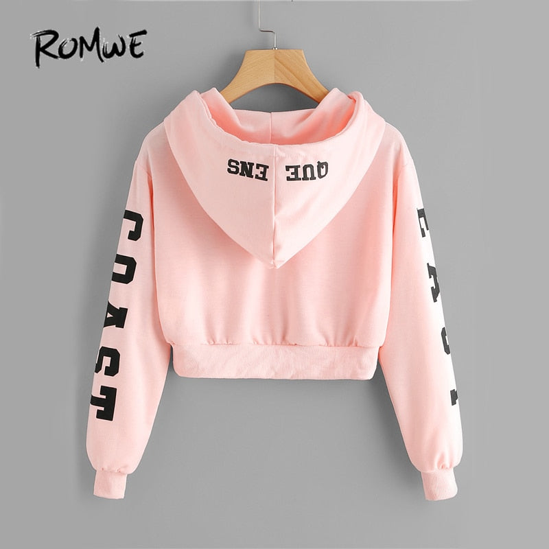 Pink Cropped Hoodies Drawstring Casual Women Letters Print Long Sleeve Hooded Sweatshirt Autumn Graphic Sweet Hoodies