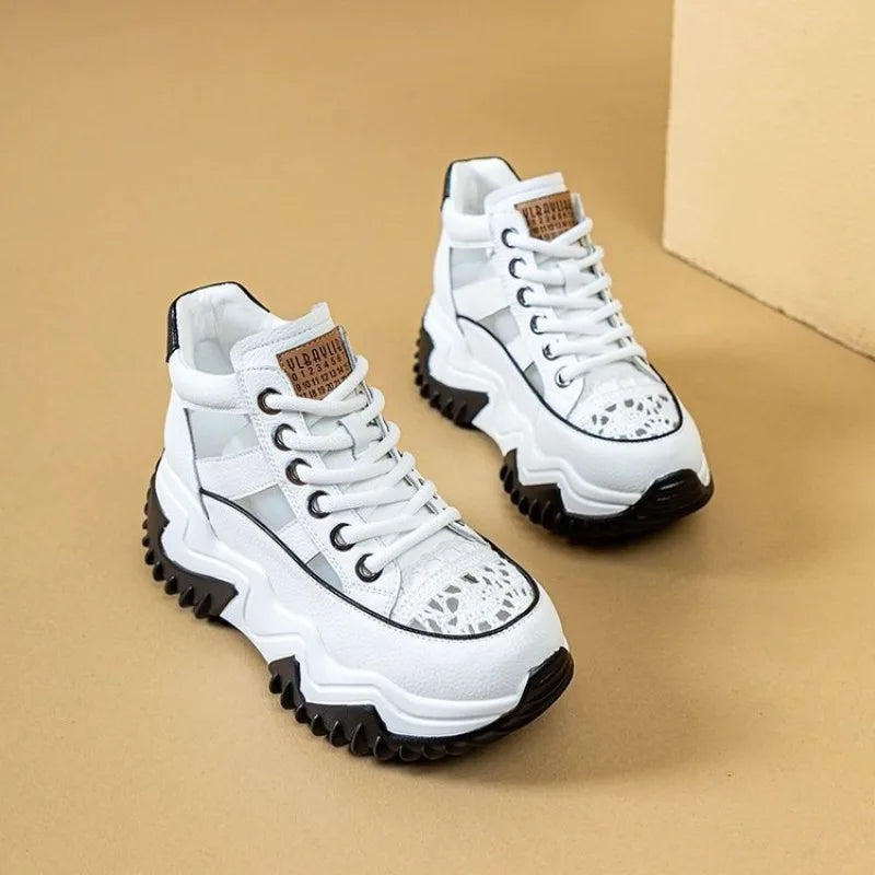 Thick Bottom Height Increase Shoes Female  Summer New Lace-up Fashion Sneakers Hollow Out Breathable Sports Womens Shoes