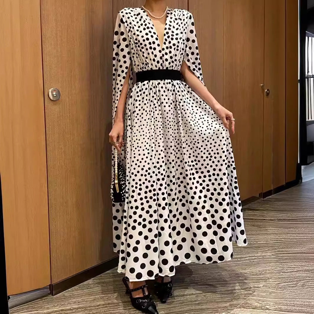 V-neck polka dot printed slit long sleeved dress long skirt women's dress