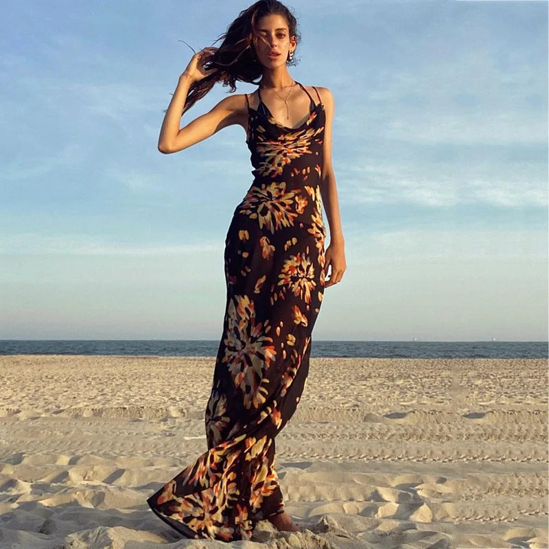 Women Summer French Lazy Sexy Print Pile Collar Spaghetti Strap Camisole Backless Long Skirt Dress Slim