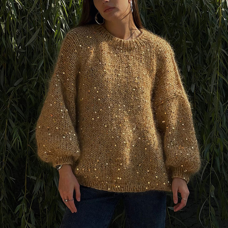 Fashionable sequined sweater, loose round neck lantern sleeve head, knitted sweater