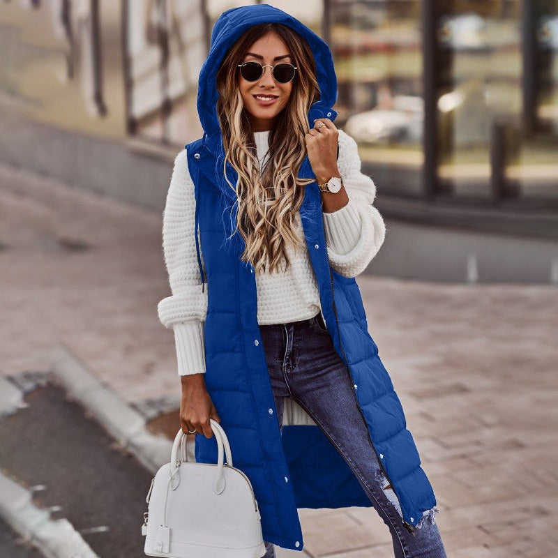 New Fashion Casual Solid Color Hooded Slim Fit Style Sleeveless Cardigan Mid length Cotton Coat