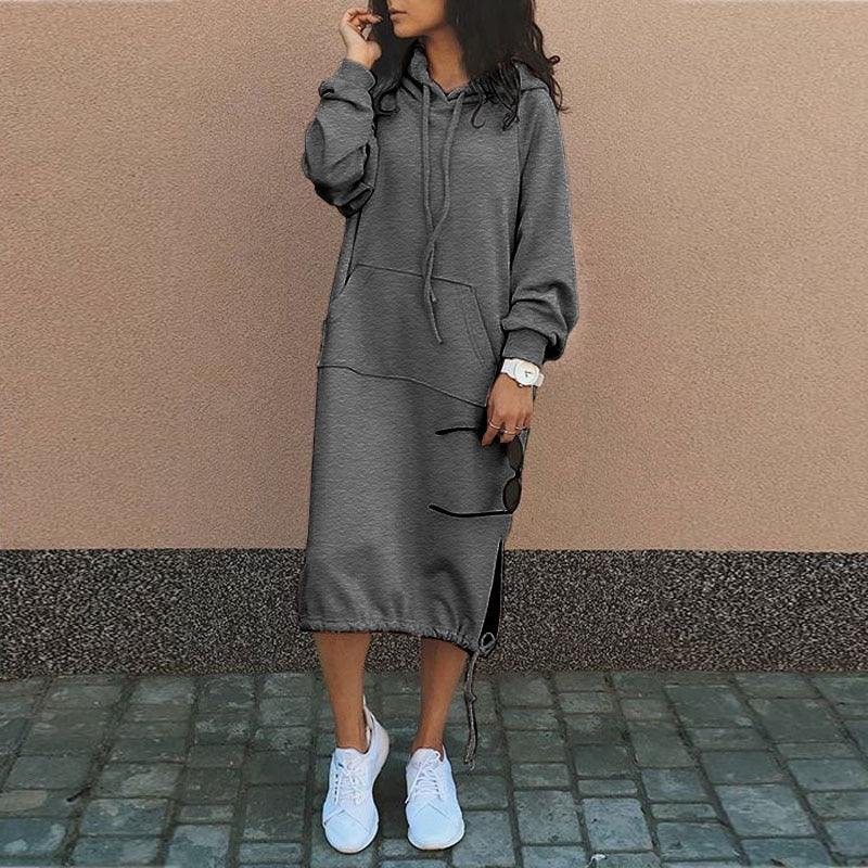 Casual Sweatshirt Dress Drawstring Pullover Long Sleeve Hooded Vestidos Solid Warm Women Hoodie Dress