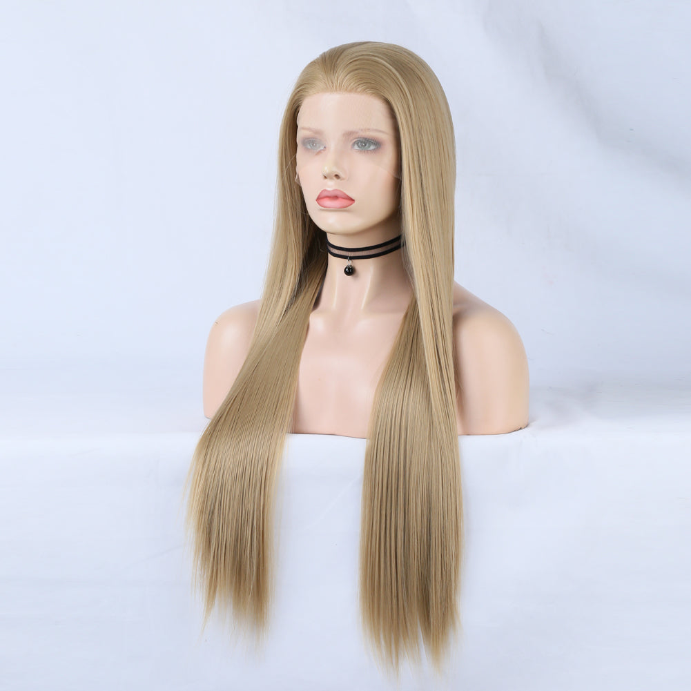 Linen Lace Front Wig Ombre Synthetic Hair Wig Middle Part Highlight Wig Long Straight Hair