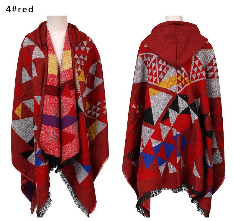 Hooded cape shawl women's plaid knitted shawl scarf shawl dual-purpose