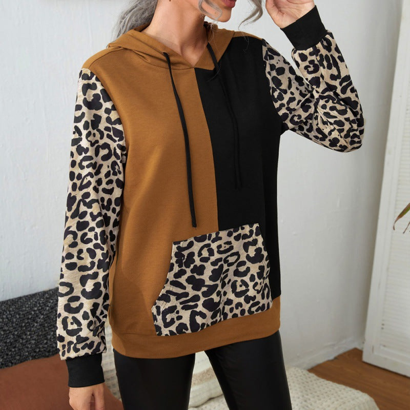 Casual leopard print color blocking long sleeved round neck hooded sweater T-shirt Loose stitch color-blocking sweater