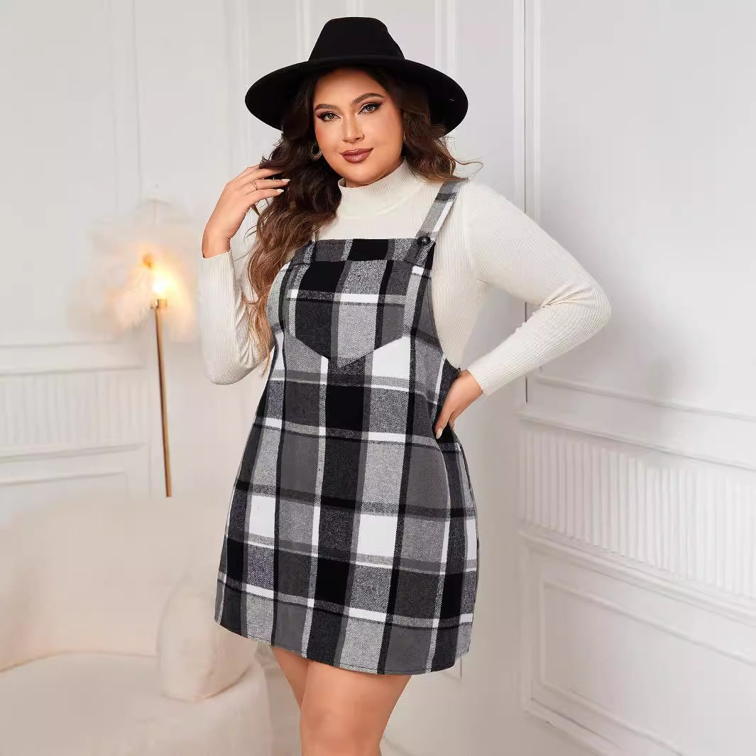 Oversized Fall Dresses For Women V Neck Plaid Sleeveless Wide Straps Casual Pockets Pinafore Mini Overall Bridesmaid Dresses