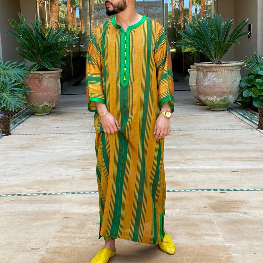 New hot selling Saudi Arabian ethnic style clothing with striped contrasting loose long sleeved men's robe