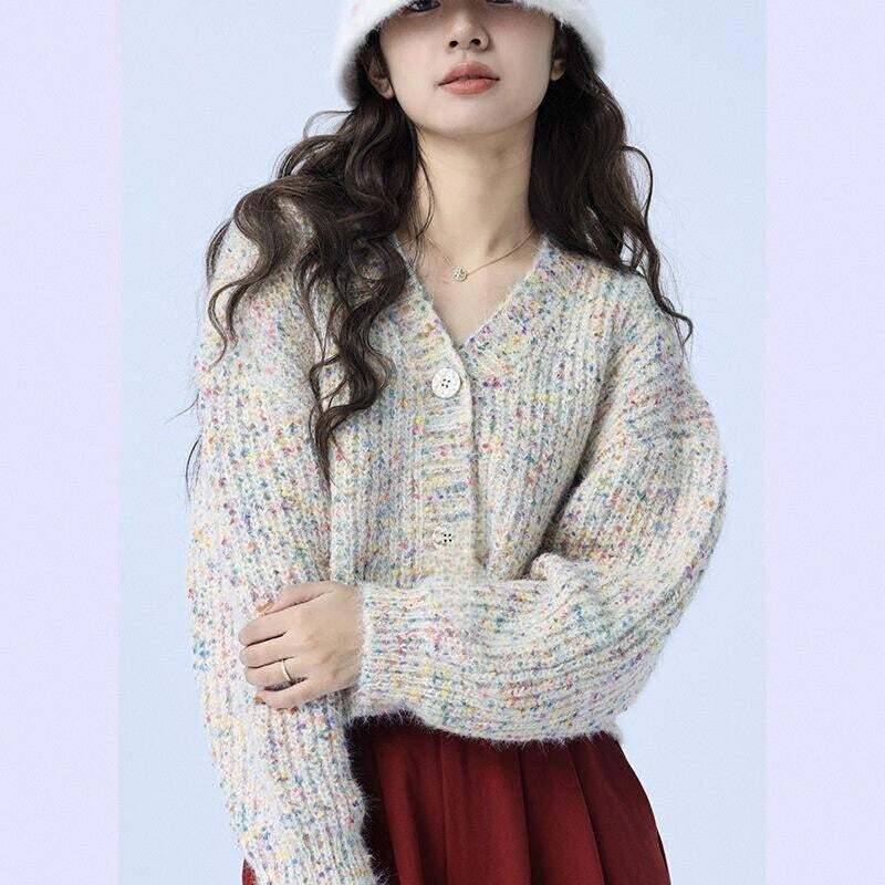 Retro colored dot sweater jacket for women wide and soft with sticky floral thread knit sweater and V-neck knit top