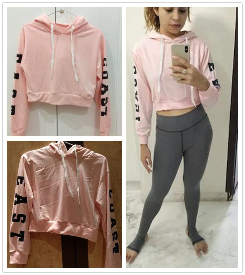 Pink Cropped Hoodies Drawstring Casual Women Letters Print Long Sleeve Hooded Sweatshirt Autumn Graphic Sweet Hoodies