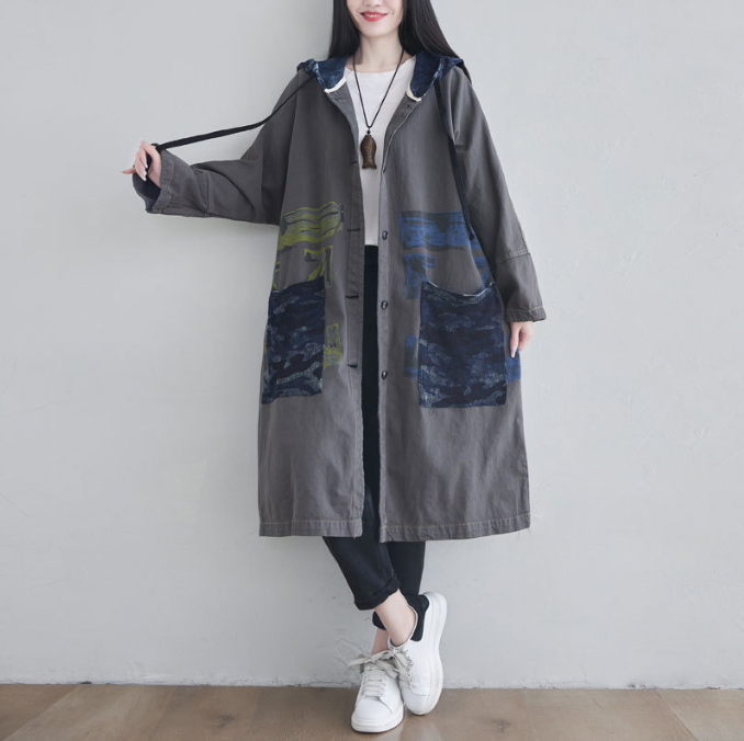 Oversized vintage washed hooded windbreaker with personalized bat sleeve single breasted jacket cardigan