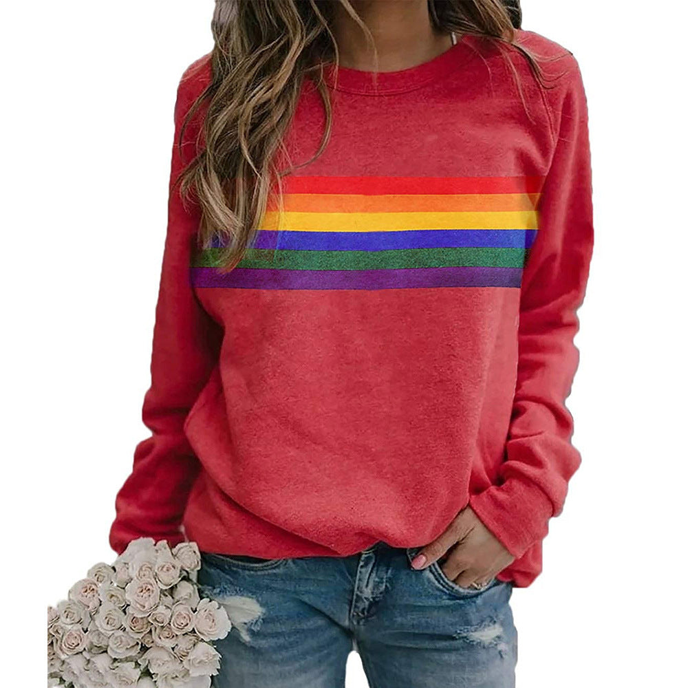 Colorful striped printed round neck pullover long sleeved sweatshirt