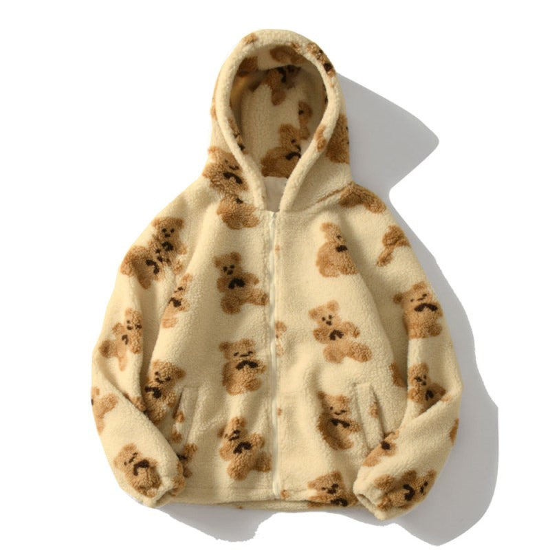 Autumn and Winter Women's Hooded Thickened Casual Sweater Cartoon Pattern Bear Zipper Pocket Plush Sweater