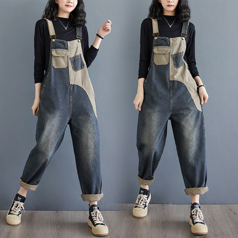 Strap pants fashionable denim strap pants women's loose high waisted contrasting one-piece wide leg cropped pants