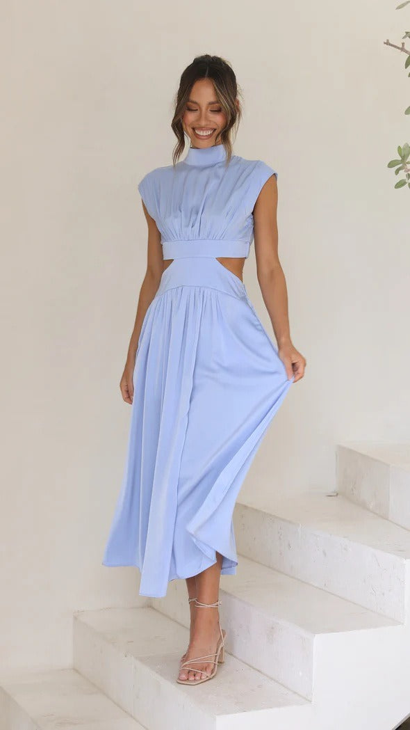 Standing collar macaron color waist length dress