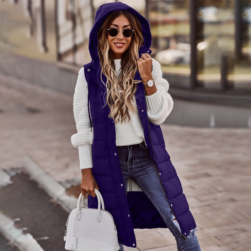 New Fashion Casual Solid Color Hooded Slim Fit Style Sleeveless Cardigan Mid length Cotton Coat