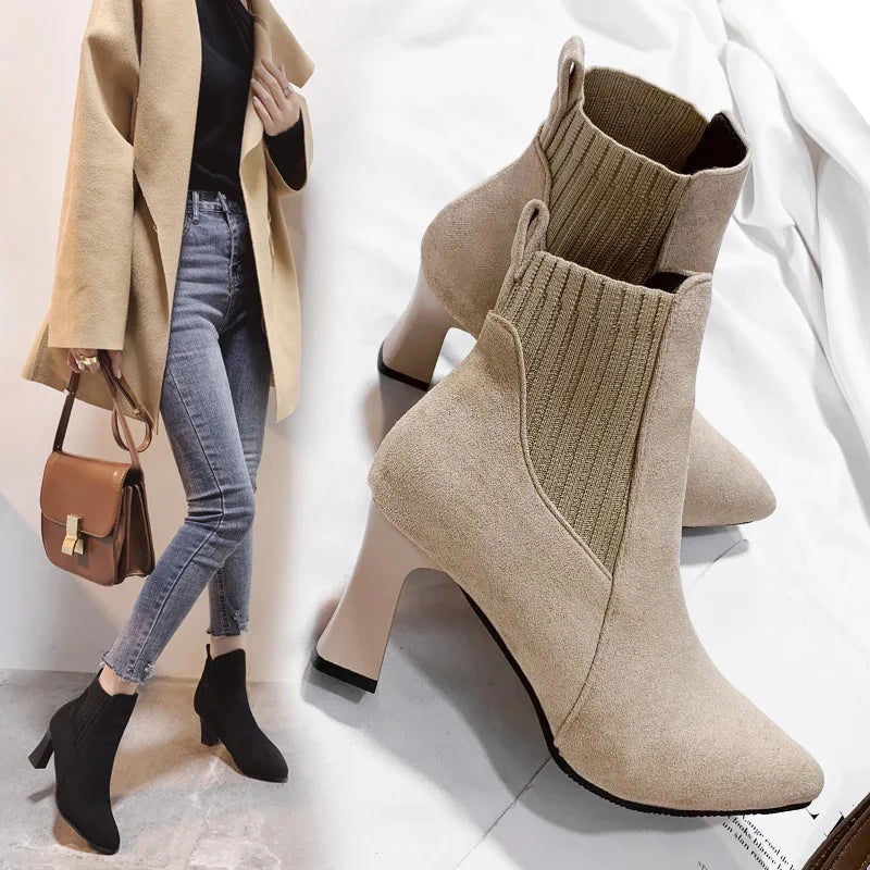 Ankle Boots Women Autumn Pointed Toe Knitted Warm Elastic Women's Shoes Shoes Casual High Heels Platform Boots