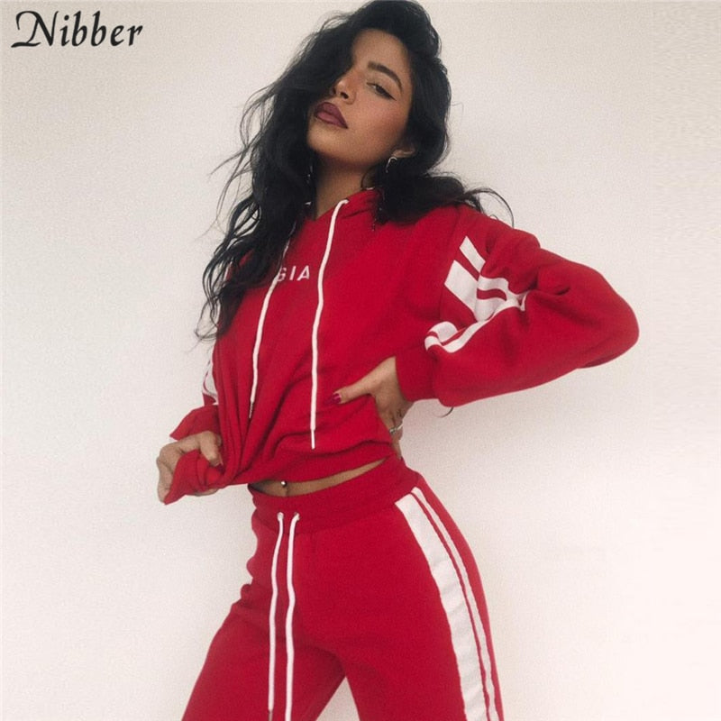 Nibbe spring Autumn fashion women Sportswear 2 piece set women White Red Active Wear Casual Sweat Pants Hooded Sweatshirt Hoodie