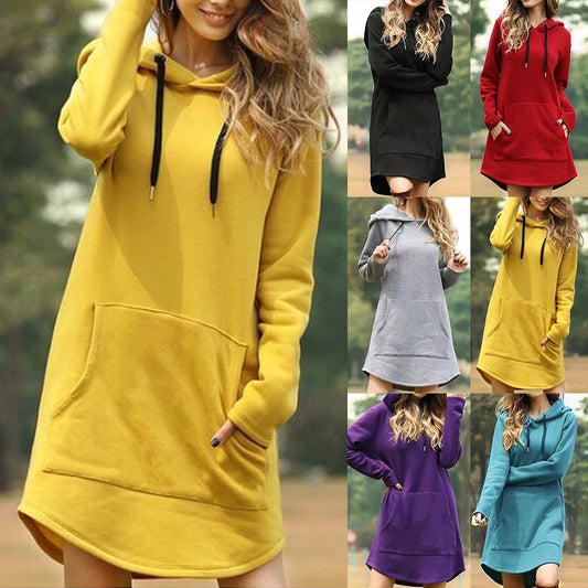 Vintage Women Spring Dress Hooded Long Sleeve Loose Casual 3XL Plus Size Dress Retro Ladies Pocket Tube Midi Dresses