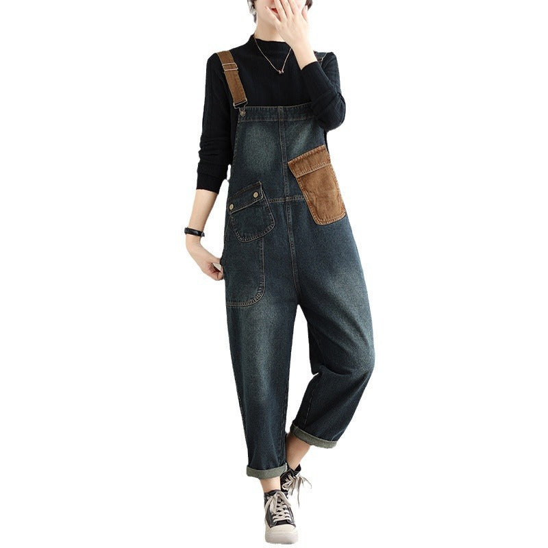 Color blocked oversized denim overalls women's jumpsuit