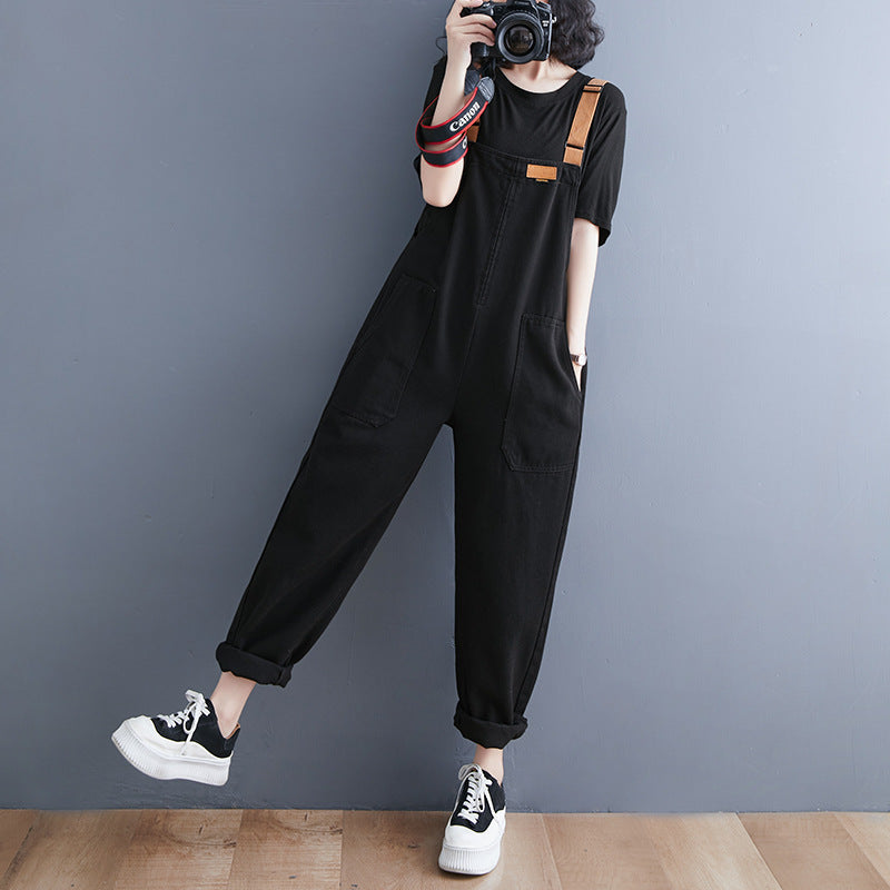 Spring loose large size denim overalls women's fashion simple casual loose suspender denim jumpsuit