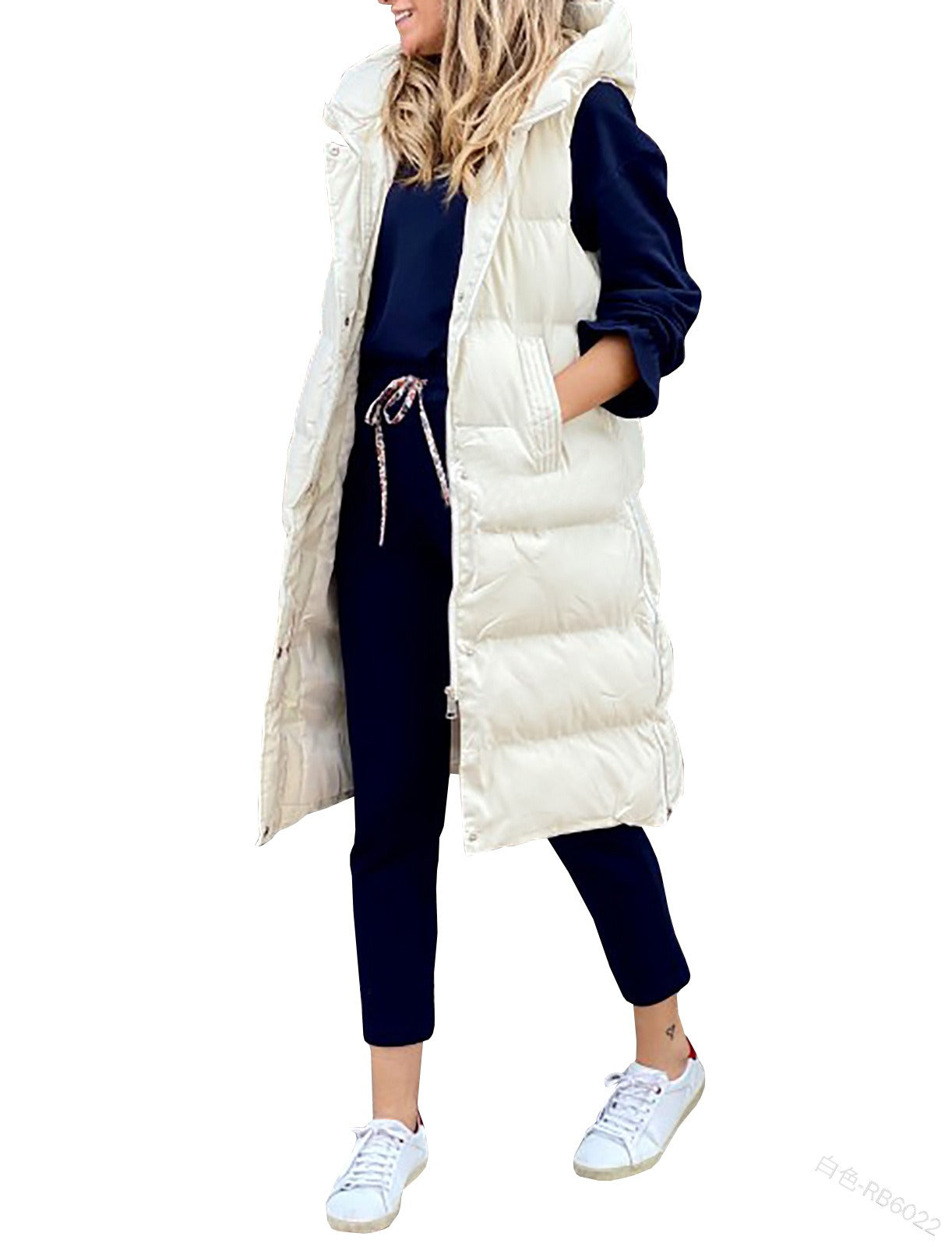 Solid Hooded Long Cotton Vest Casual Fashion Single Breasted Sleeveless Coat Women