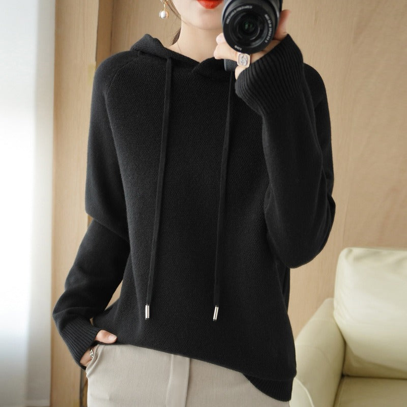 Autumn and Winter Women's Hooded Wool Knitwear Korean Version Loose Fashion Sweater Thickened Sweater Bottom Coat Top