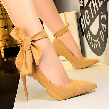 2025 New Classic Ankle Lace-Up Bowknot Woman Shoes Solid Flock Shallow High Heels Shoes Party Shoes Fashion Women Pumps 6 Colors