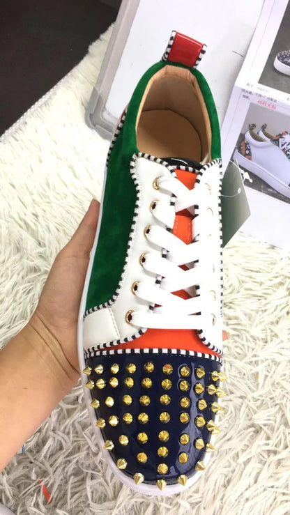 Beertola Mixed Color Men's Casual Flats Shoes Patchwork Spikes Head Lace Up Flock Luxury Brand Men Shoes Leisure Style Men Shoes