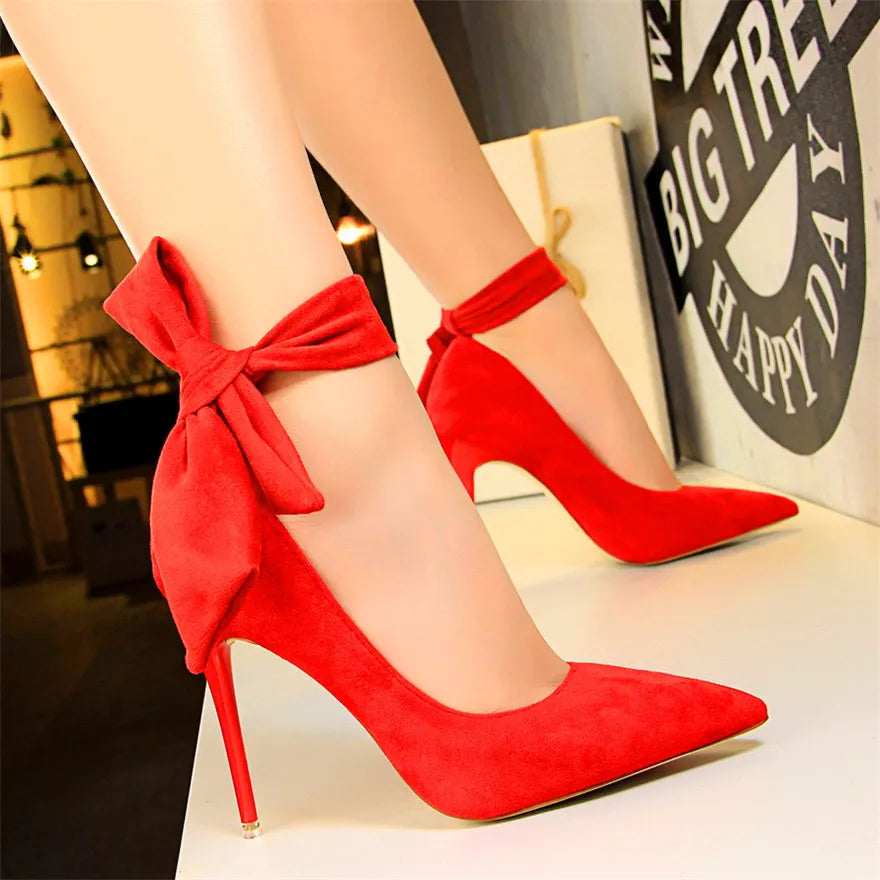 2025 New Classic Ankle Lace-Up Bowknot Woman Shoes Solid Flock Shallow High Heels Shoes Party Shoes Fashion Women Pumps 6 Colors