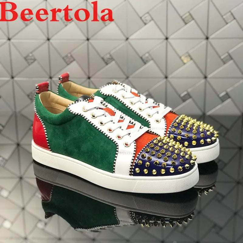 Beertola Mixed Color Men's Casual Flats Shoes Patchwork Spikes Head Lace Up Flock Luxury Brand Men Shoes Leisure Style Men Shoes