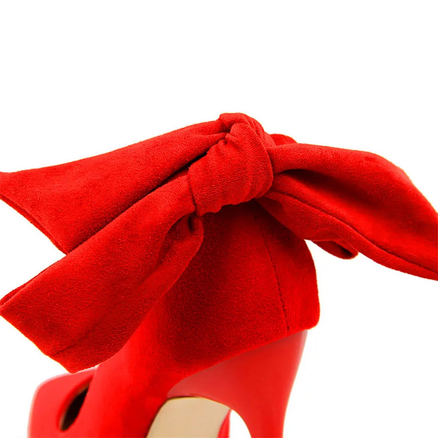 2025 New Classic Ankle Lace-Up Bowknot Woman Shoes Solid Flock Shallow High Heels Shoes Party Shoes Fashion Women Pumps 6 Colors