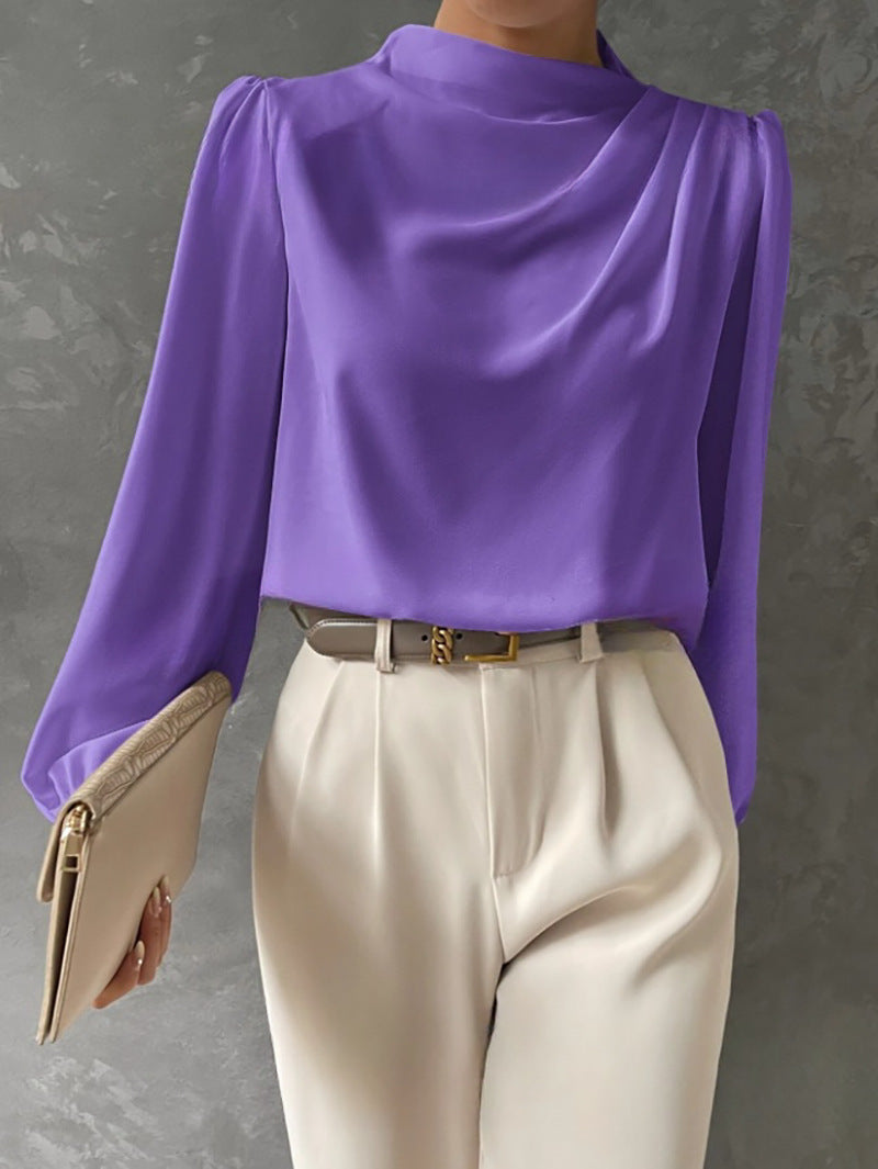 Solid Color Pleated Women's T-shirt Elegant Pullover Satin Top Commute Style Long Sleeve Top