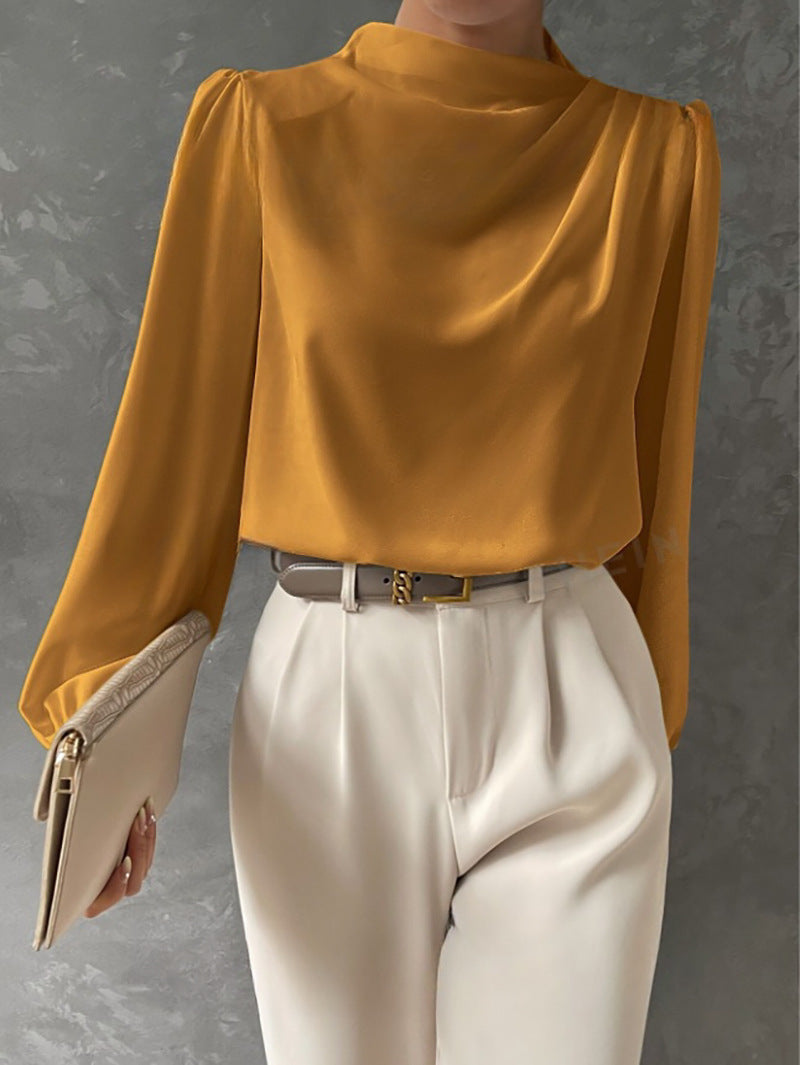 Solid Color Pleated Women's T-shirt Elegant Pullover Satin Top Commute Style Long Sleeve Top