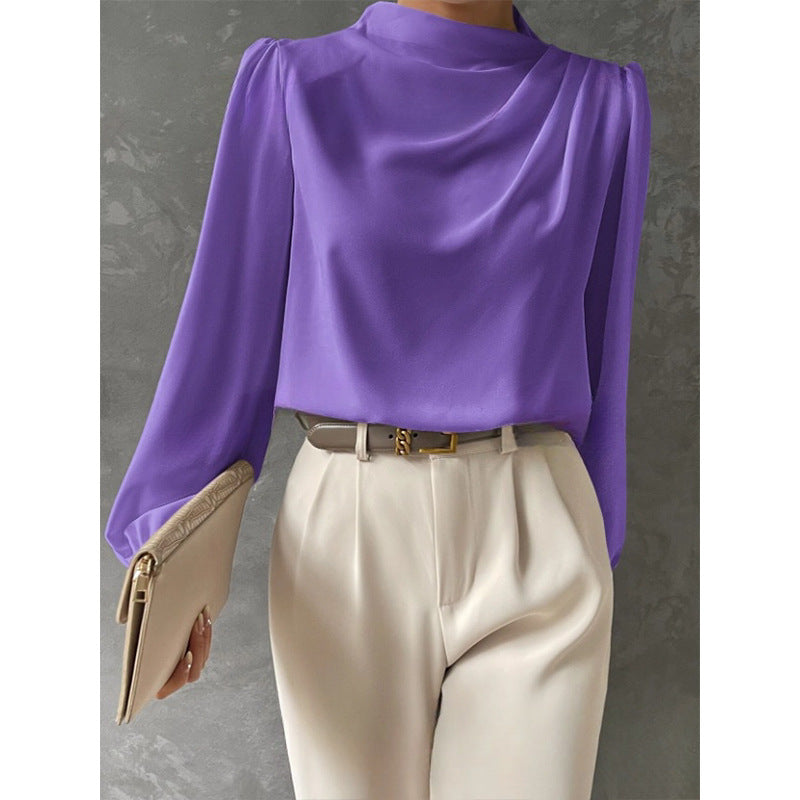 Solid Color Pleated Women's T-shirt Elegant Pullover Satin Top Commute Style Long Sleeve Top