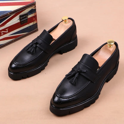 Korean style mens casual business wedding formal dress soft leather shoes slip on tassels shoe black tide platform loafers male