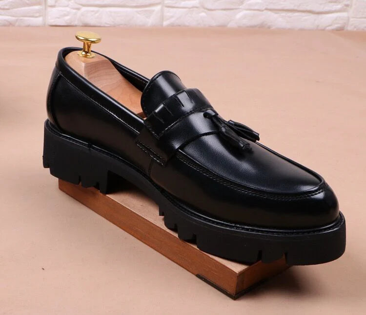 Korean style mens casual business wedding formal dress soft leather shoes slip on tassels shoe black tide platform loafers male