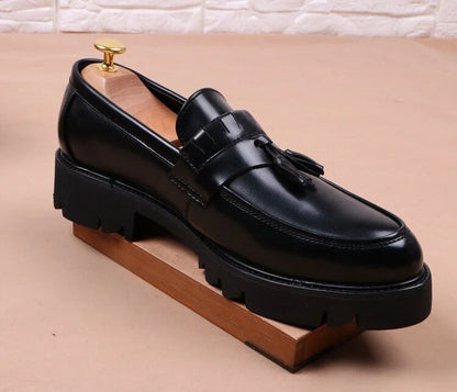 Korean style mens casual business wedding formal dress soft leather shoes slip on tassels shoe black tide platform loafers male