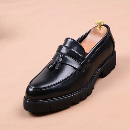 Korean style mens casual business wedding formal dress soft leather shoes slip on tassels shoe black tide platform loafers male