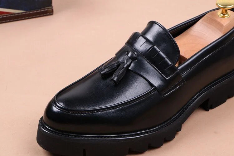 Korean style mens casual business wedding formal dress soft leather shoes slip on tassels shoe black tide platform loafers male