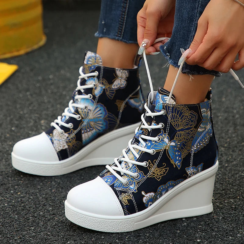 Fashion Butterfly Print Wedge Sneakers for Women Lightweight High Top Canvas Shoes Woman Comfort Lace Up Casual Walking Shoes