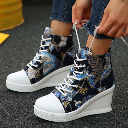 Fashion Butterfly Print Wedge Sneakers for Women Lightweight High Top Canvas Shoes Woman Comfort Lace Up Casual Walking Shoes