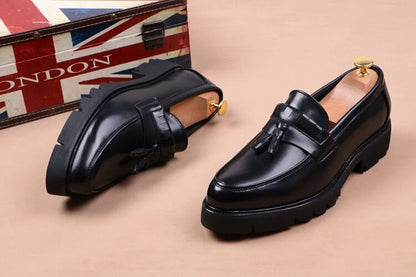 Korean style mens casual business wedding formal dress soft leather shoes slip on tassels shoe black tide platform loafers male