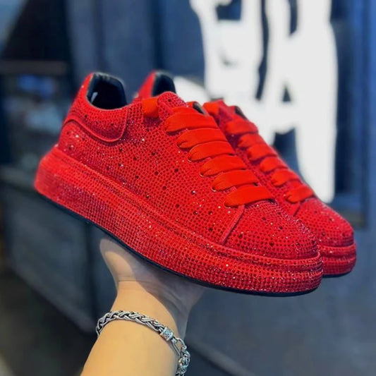 Luxury Designer Fashion Men's Red Black Rhinestone Platform Shoes Causal Flats Moccasins Male Rock Hip-hop Walking Sneakers