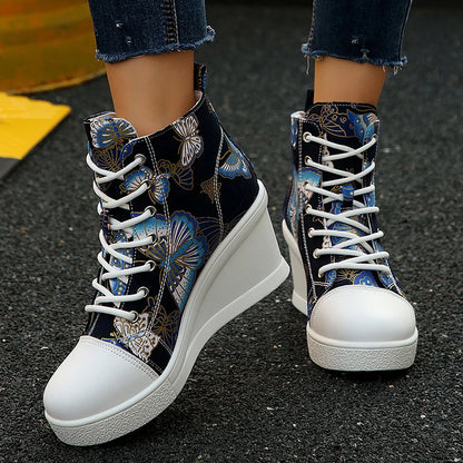 Fashion Butterfly Print Wedge Sneakers for Women Lightweight High Top Canvas Shoes Woman Comfort Lace Up Casual Walking Shoes