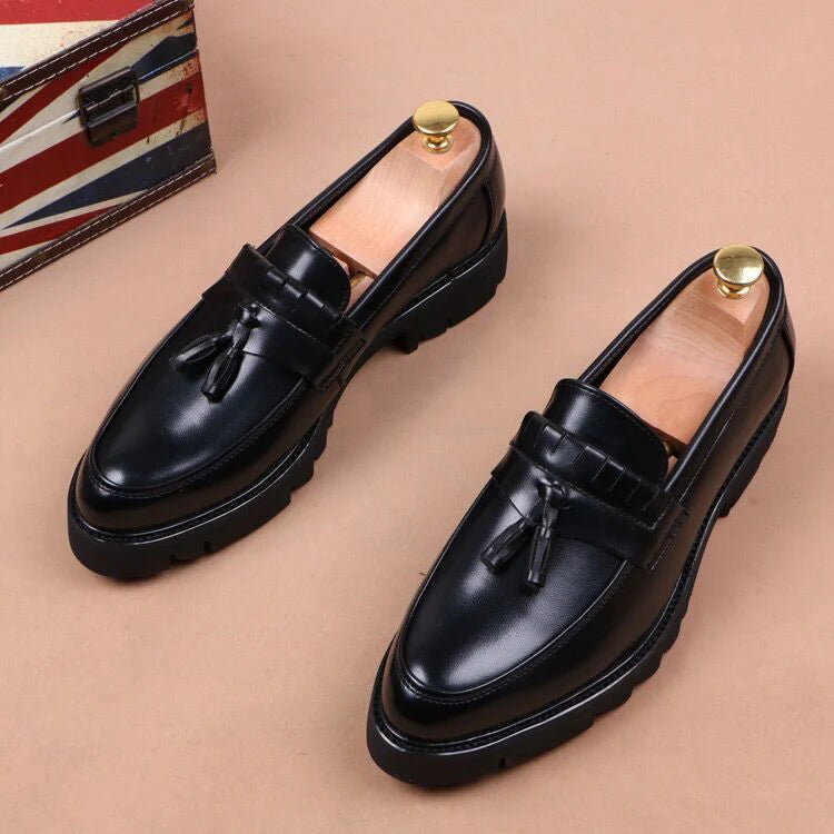 Korean style mens casual business wedding formal dress soft leather shoes slip on tassels shoe black tide platform loafers male
