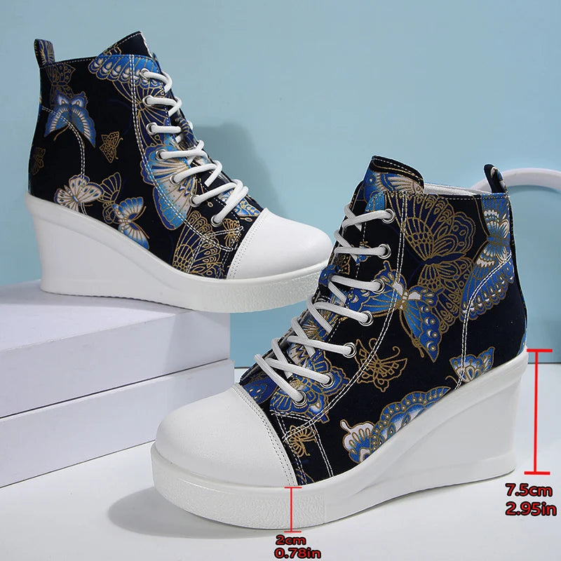 Fashion Butterfly Print Wedge Sneakers for Women Lightweight High Top Canvas Shoes Woman Comfort Lace Up Casual Walking Shoes