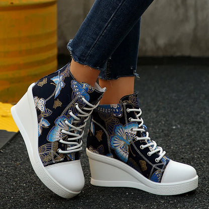 Fashion Butterfly Print Wedge Sneakers for Women Lightweight High Top Canvas Shoes Woman Comfort Lace Up Casual Walking Shoes